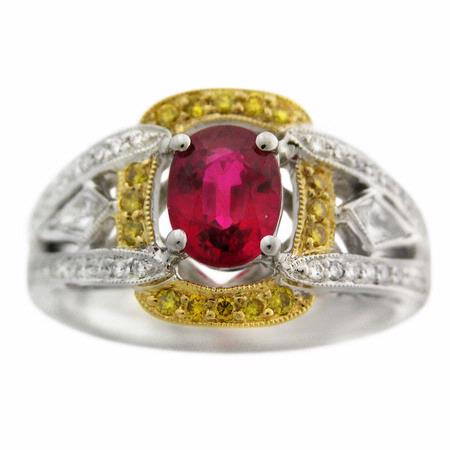 Simon G Diamond and Ruby Antique Style 18k Two Tone Gold Ring