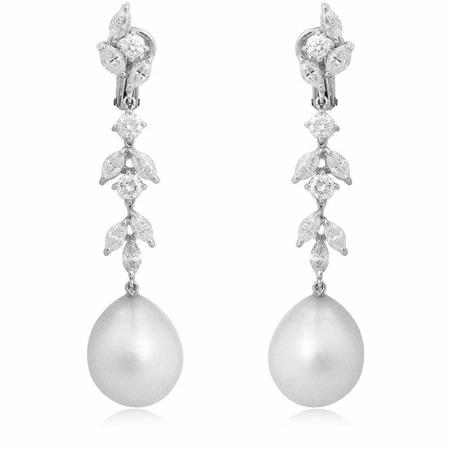 3.18ct Diamond and South Sea Pearl 18k White Gold Dangle Earrings