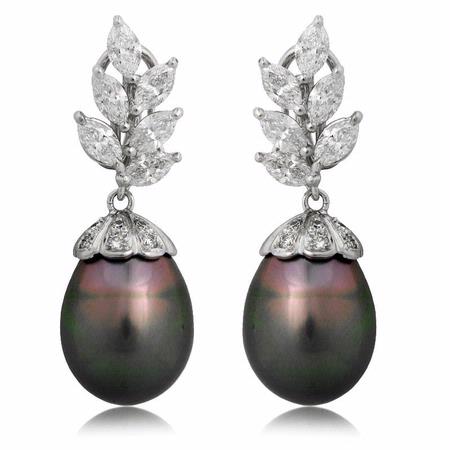 2.49ct Diamond and South Sea Pearl 18k White Gold Dangle Earrings