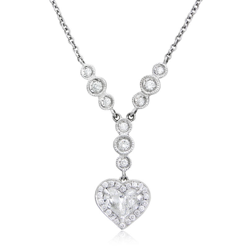 38ct Diamond Antique Style 18k White Gold Heart Pendant Necklace