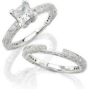 Natalie K Diamond Antique Style Platinum Engagement Ring Setting and Wedding Band Set