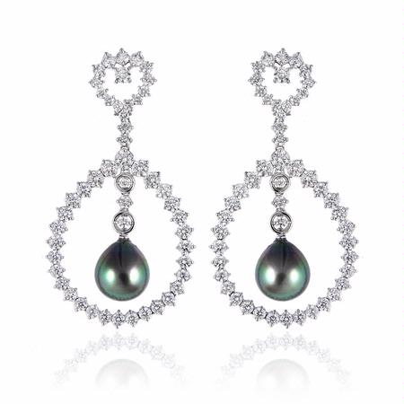 1.38ct Leo Pizzo Diamond and South Sea Black Pearl 18k White Gold Dangle Earrings