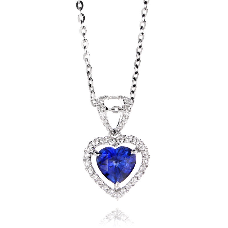 21ct Diamond and Blue Sapphire 18k White Gold Heart Pendant Necklace