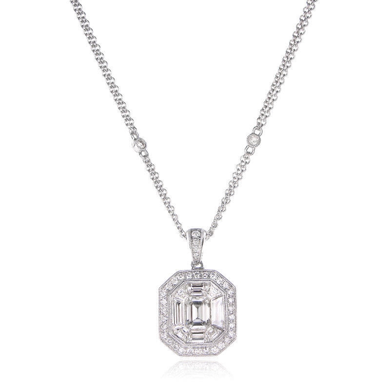 75ct Diamond Antique Style 18k White Gold Pendant Necklace