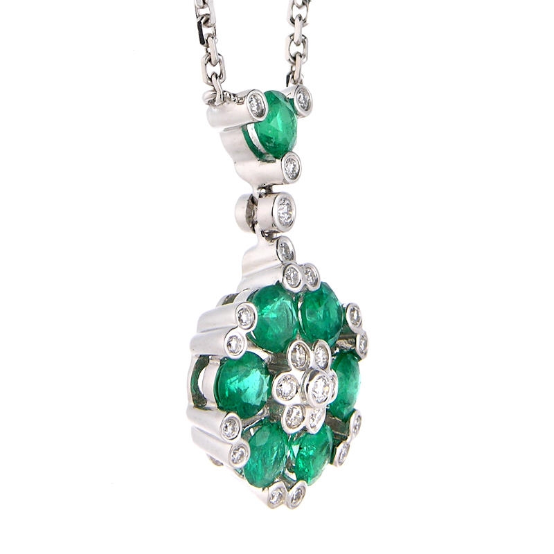 Diamond and Emerald 18k White Gold Pendant Necklace (#3380)