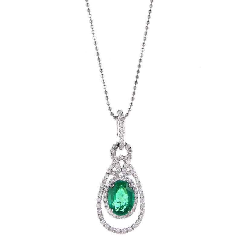 40ct Diamond and Emerald 18k White Gold Pendant Necklace