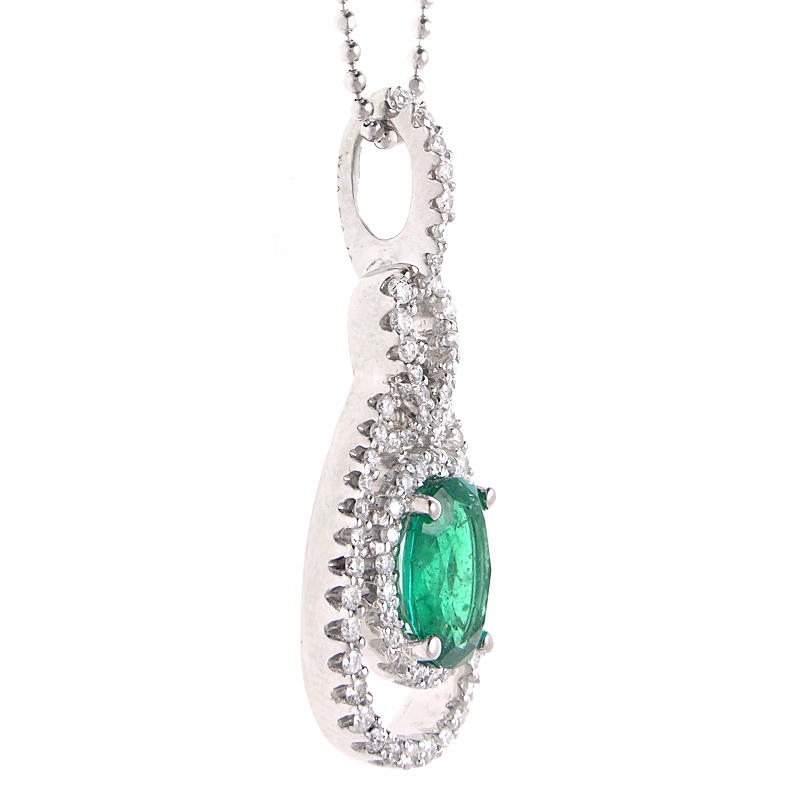 Diamond and Emerald 18k White Gold Pendant Necklace (#3493)