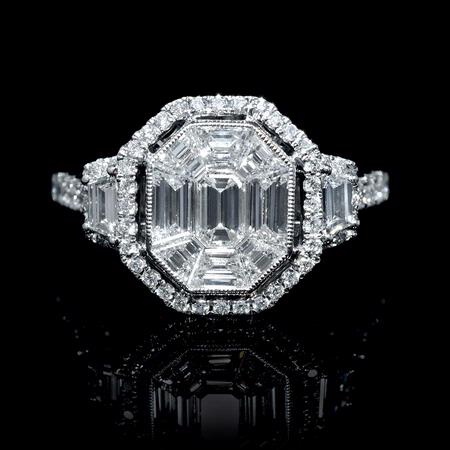 1.74ct Diamond Antique Style 18k White Gold Halo Mosaic Engagement Ring