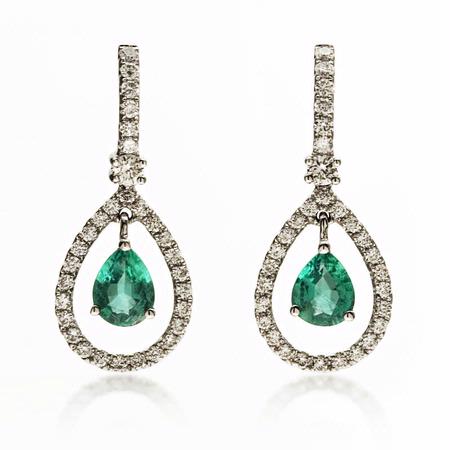 .39ct Diamond and Emerald 18k White Gold Dangle Earrings