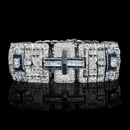 Diamond and Blue Sapphire Antique Art Deco Design 18k White Gold Bracelet