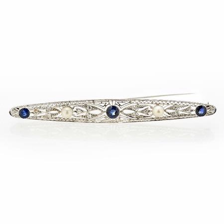 .28ct Diamond and Blue Sapphire Antique Style 18k White Gold Brooch