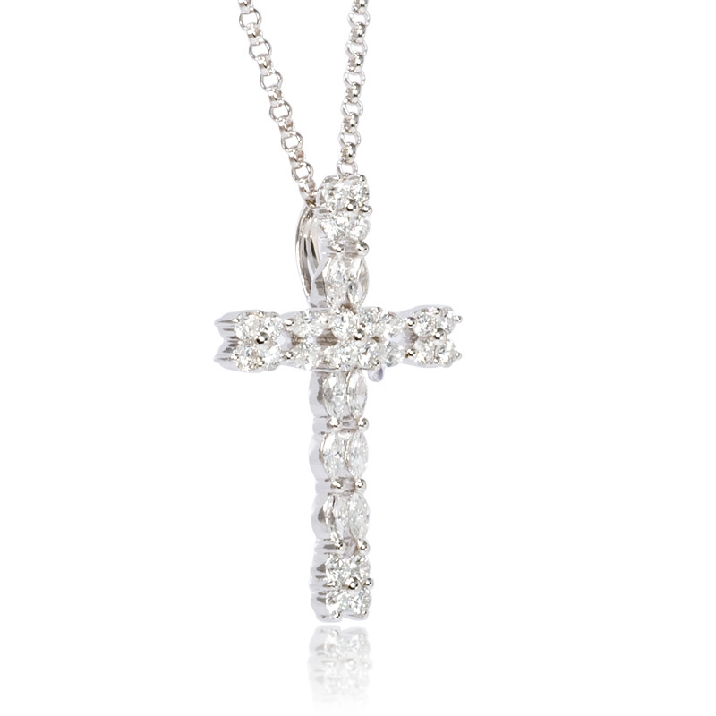 Diamond 18k White Gold Cross Pendant Necklace (#4069)
