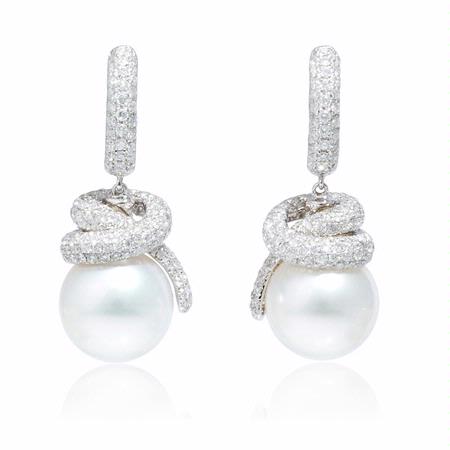 3.07ct Diamond and South Sea Pearl 18k White Gold Dangle Earrings