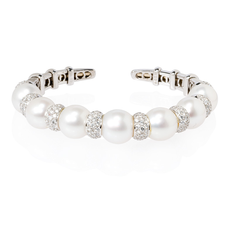 60ct Diamond and Pearl 18k White Gold Bangle Bracelet