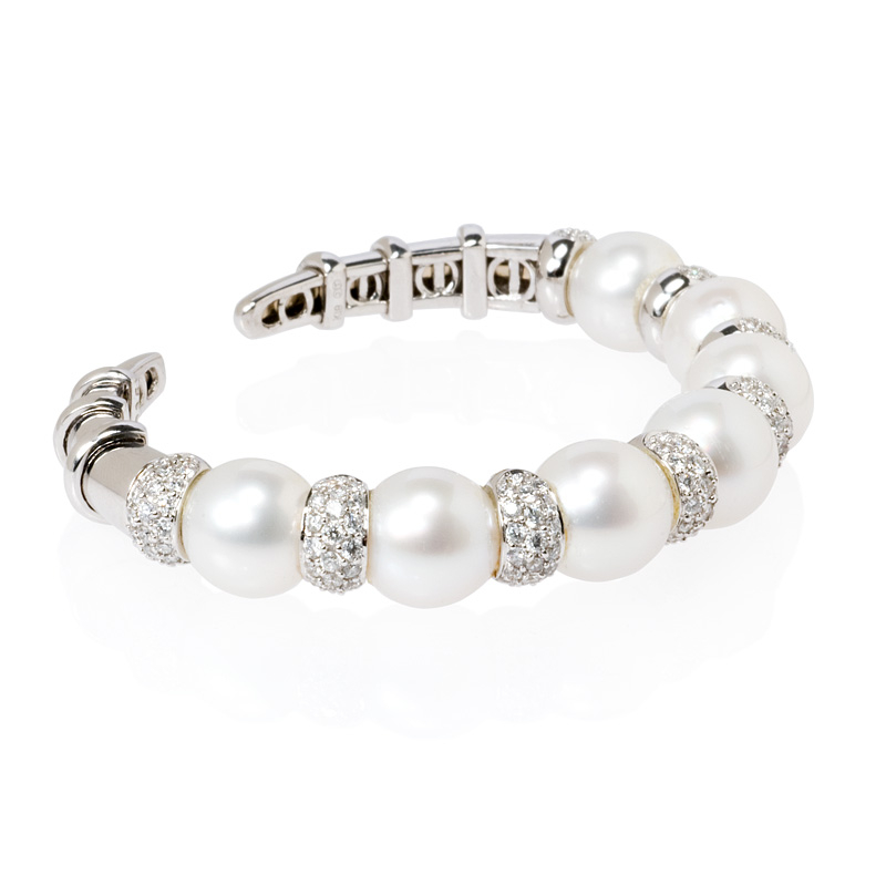 Diamond and Pearl 18k White Gold Bangle Bracelet (#4215)