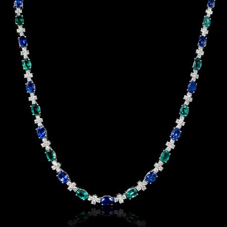 6.37ct Diamond Emerald and Ceylon Blue Sapphire 18k White Gold Necklace