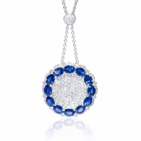 Diamond and Blue Sapphire 18k White Gold Pendant Necklace