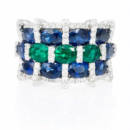 Diamond Blue Sapphire & Emerald 18k White Gold Ring