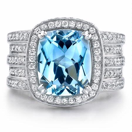 Natalie K Diamond and Aquamarine 18k White Gold Ring
