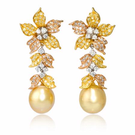 Diamond and South Sea Golden Pearl 18k Three Tone Gold Dangle Earrings