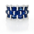 .57ct Diamond and Oval Blue Sapphire 18k White Gold Three Row Wide Band Ring