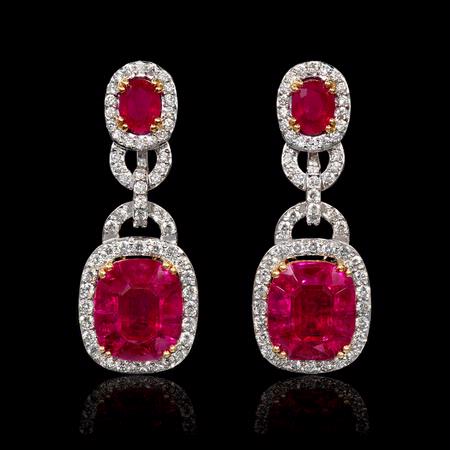 Diamond and Ruby 18k Two Tone Gold Dangle Earrings