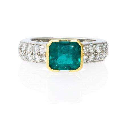Diamond and Emerald Platinum and 18k Yellow Gold Ring