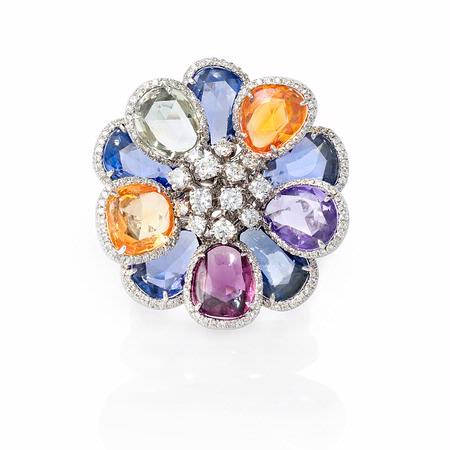 1.42ct Diamond and Multi-Colored Sapphire 18k White Gold Floral Ring
