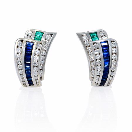 .73ct Charles Krypell Diamond Emerald & Blue Sapphire 18k White Gold Earrings