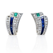 Charles Krypell Diamond Emerald & Blue Sapphire 18k White Gold Earrings 
