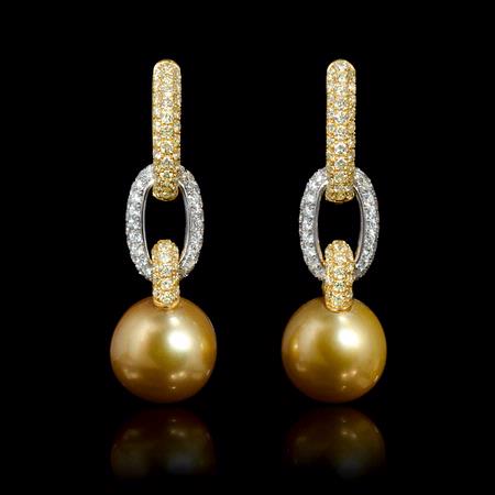 3.22ct Diamond and South Sea Pearl 18k Two Tone Gold Dangle Earrings