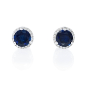 Diamond and Blue Corundum 14k White Gold Halo Earrings