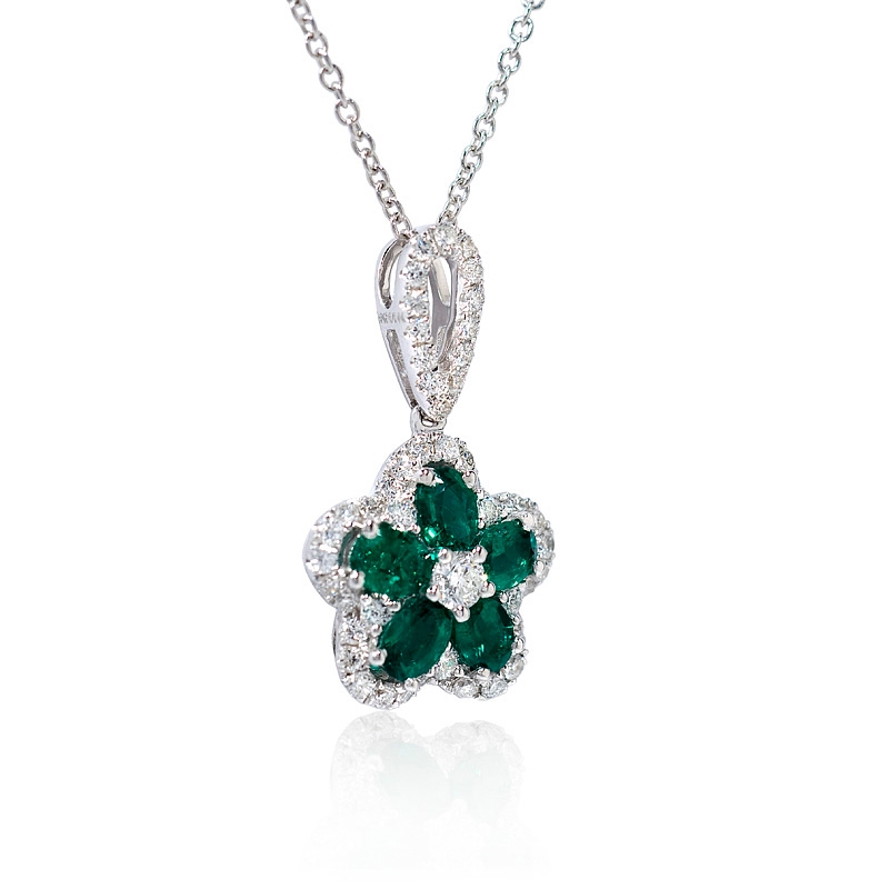 Diamond and Emerald 18k White Gold Flower Pendant (#5626)