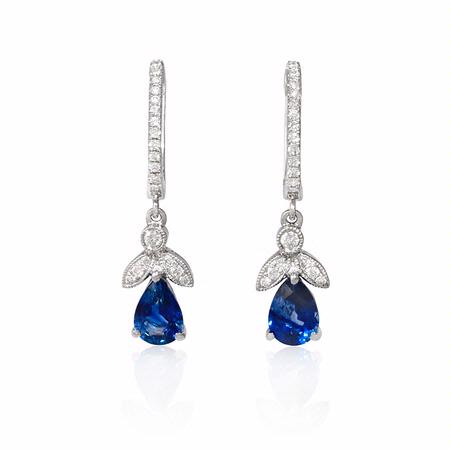 Diamond and Blue Sapphire Antique Style 18k White Gold Dangle Earrings
