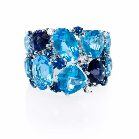 Diamond, Blue Sapphire and Blue Topaz 18k White Gold Ring