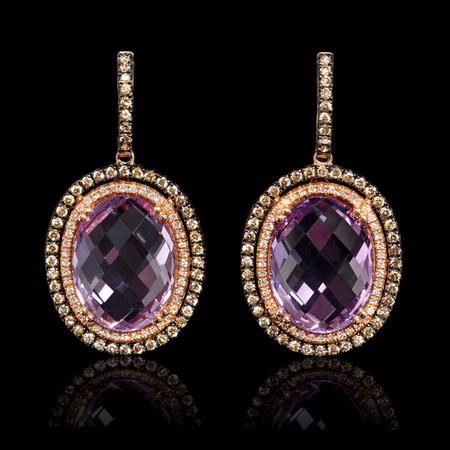 1.18ct Diamond and Pink Amethyst 14k Rose Gold and Black Rhodium Dangle Earrings