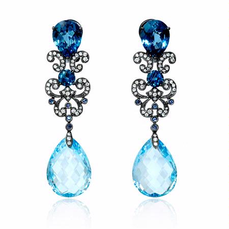 Diamond, Blue Sapphire and Blue Topaz Antique Style 18k White Gold and Black Rhodium Dangle Earrings