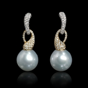 Diamond and Pearl 18k Two Tone Gold Dangle Earrings