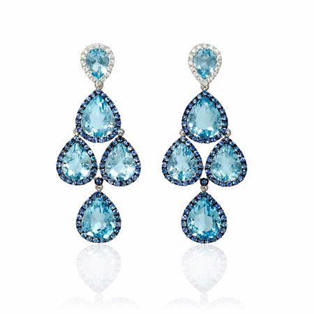 .32ct Diamond, Blue Sapphire and Blue Topaz 18k White Gold and Black Rhodium Dangle Earrings