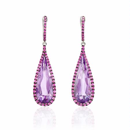 Pink Sapphire and Purple Amethyst 18k White Gold and Black Rhodium Dangle Earrings
