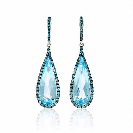 Blue Diamond and Blue Topaz 18k White Gold and Black Rhodium Dangle Earrings