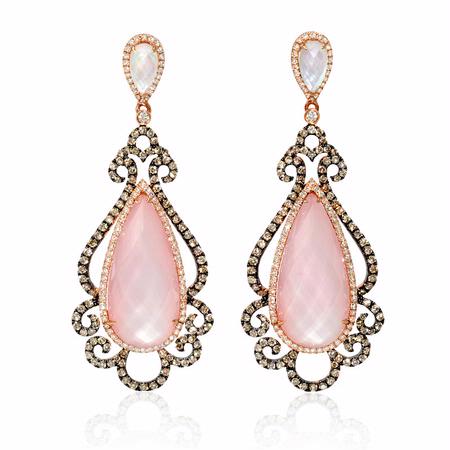 Doves Diamond, White Topaz, Mother of Pearl and Pink Quartz 18k Rose Gold and Black Rhodium Dangle Earrings