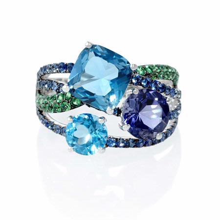 Blue Sapphire, Green Tourmaline, Iolite and Blue Topaz 18k White Gold and Black Rhodium Ring