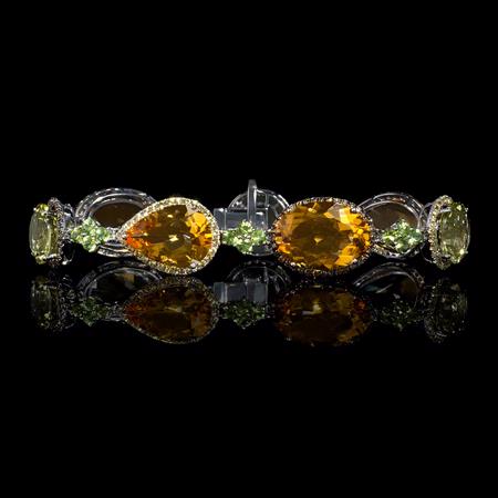 Diamond, Yellow Sapphire, Peridot, Green Quartz and Citrine 18k White Gold and Black Rhodium Bracelet