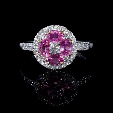 .33ct Diamond and Oval Cut Pink Sapphire Antique Style 18k Two Tone Gold Flower Ring