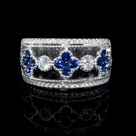 Diamond and Blue Sapphire Antique Style 18k White Gold Ring