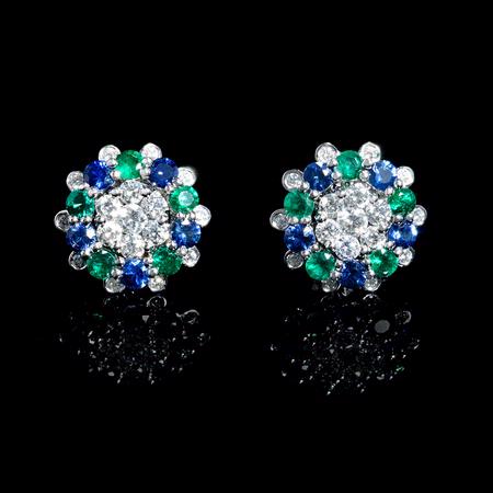 Diamond, Blue Sapphire and Emerald 18k White Gold Earrings with Jackets