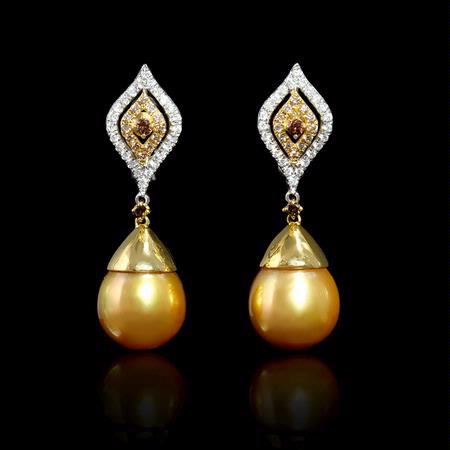 .82ct Diamond and South Sea Golden Pearl 18k Two Tone Gold Dangle Earrings