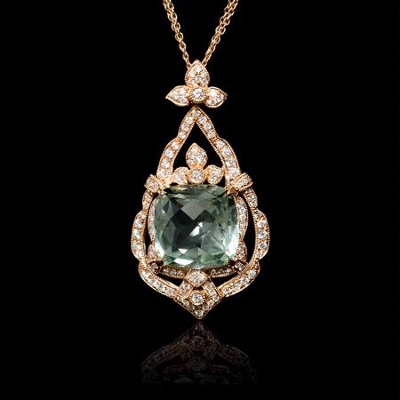 Diamond and Green Amethyst Antique Style 18k Rose Gold Pendant