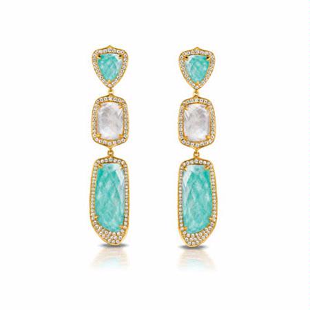 Doves Diamond, White Topaz, Amazonite and Mother of Pearl 18k Yellow Gold Dangle Earrings